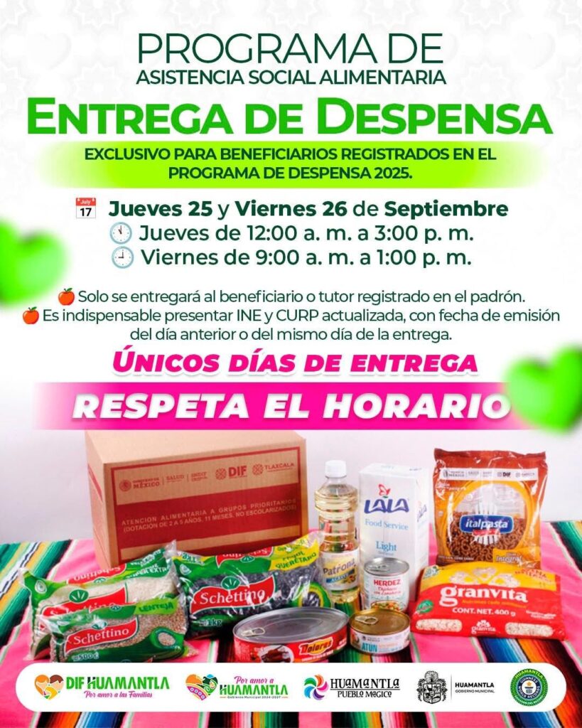 SMDIF HUAMANTLA ANUNCIA FECHAS PARA ENTREGA DE DESPENSAS DE SEPTIEMBRE