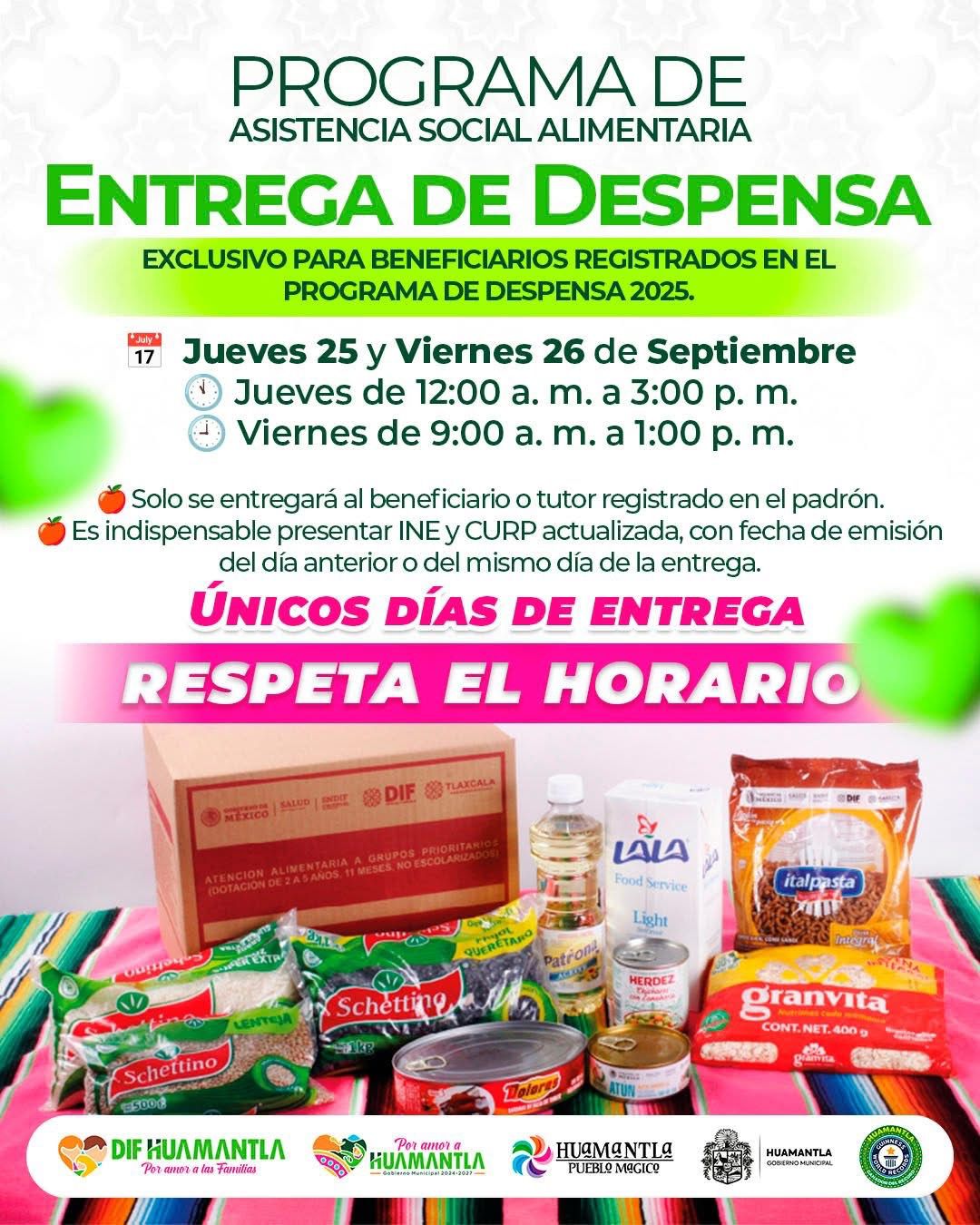 SMDIF HUAMANTLA ANUNCIA FECHAS PARA ENTREGA DE DESPENSAS DE SEPTIEMBRE