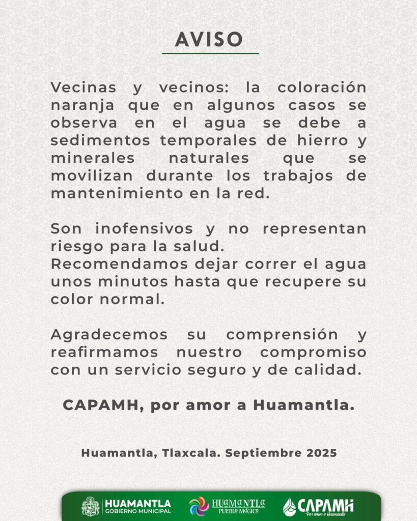 CAPAMH INFORMA SOBRE COLORACIÓN TEMPORAL EN EL AGUA DURANTE TRABAJOS DE MANTENIMIENTO