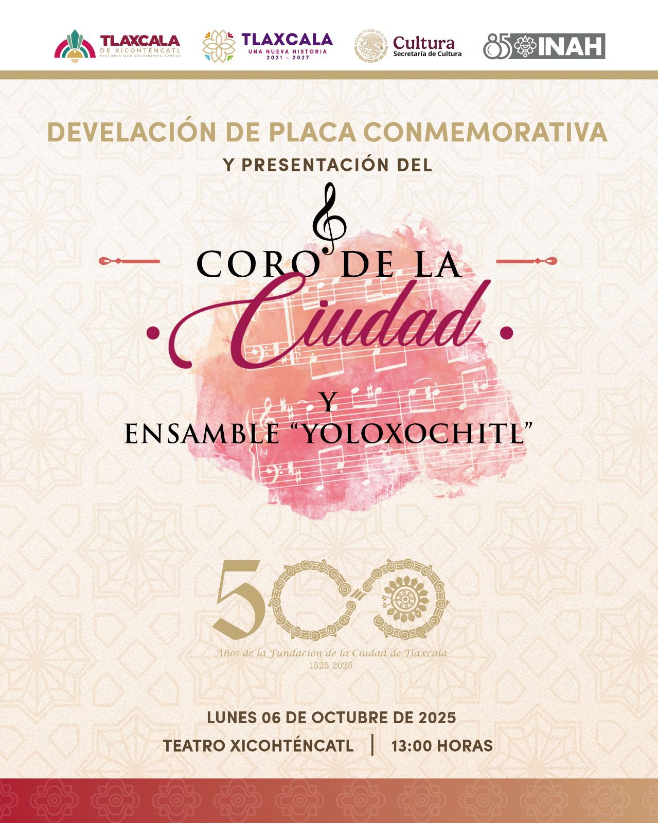 GOBIERNO DE LA CAPITAL CONTINÚA CON CELEBRACIÓN DE LOS 500 AÑOS DE LA FUNDACIÓN DE LA CIUDAD DE TLAXCALA CON DEVELACIÓN DE PLACA CONMEMORATIVA Y MÚSICA