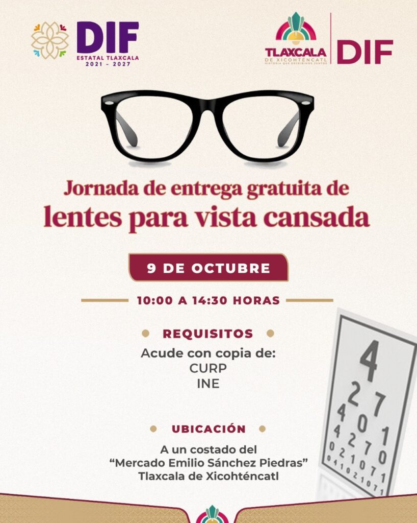 INVITA DIF MUNICIPAL DE TLAXCALA A LA JORNADA DE ENTREGA GRATUITA DE LENTES EN LA EXPLANADA DEL MERCADO