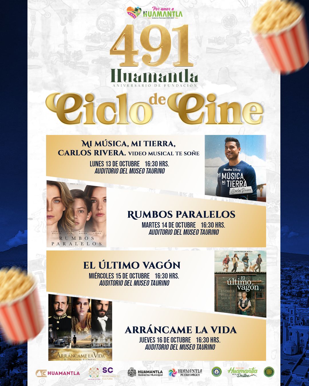 HUAMANTLA INVITA AL CICLO DE CINE EN EL MARCO DEL 491 ANIVERSARIO DE SU FUNDACIÓN