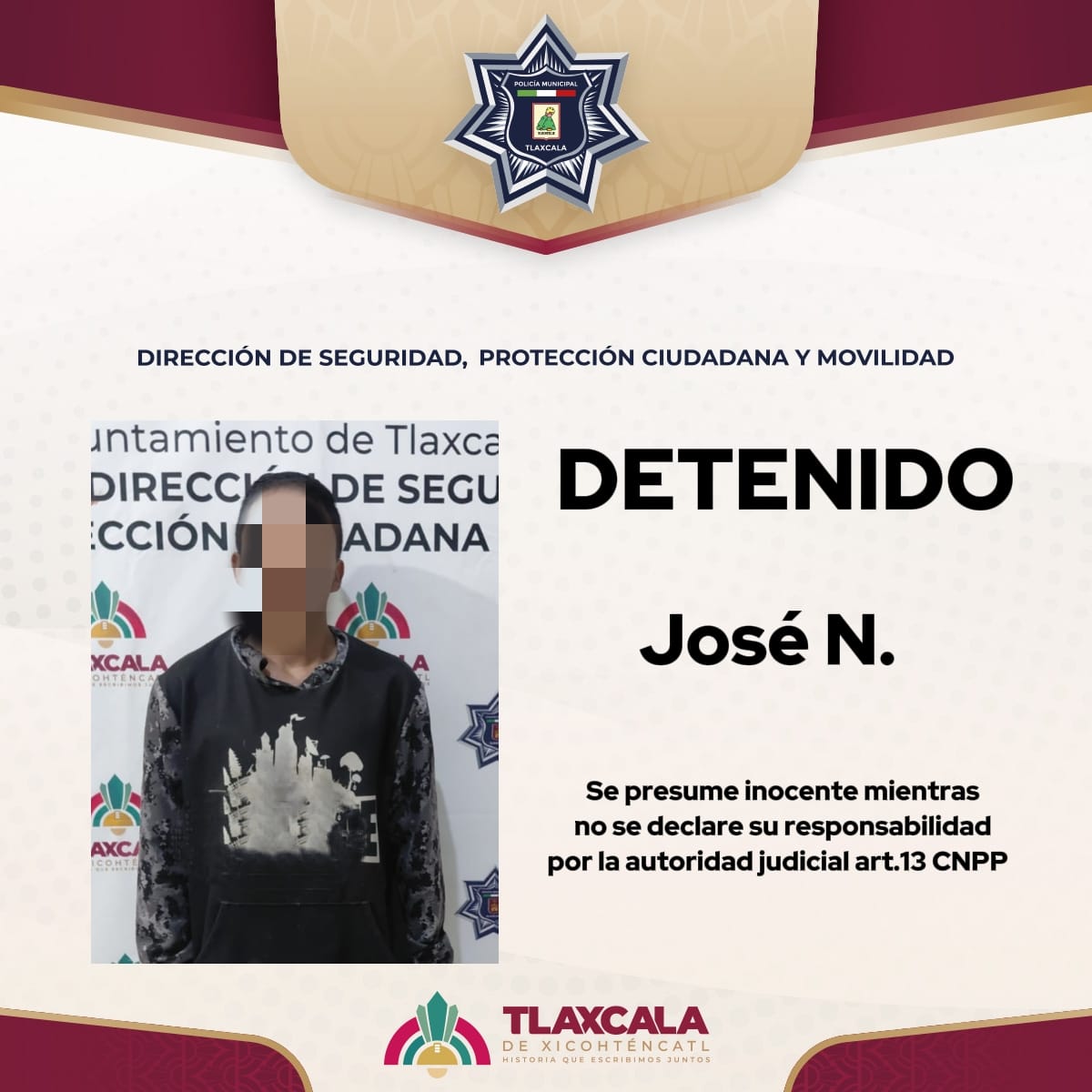 POLICÍA MUNICIPAL DE TLAXCALA DETIENE A HOMBRE CON MÚLTIPLES ANTECEDENTES DELICTIVOS