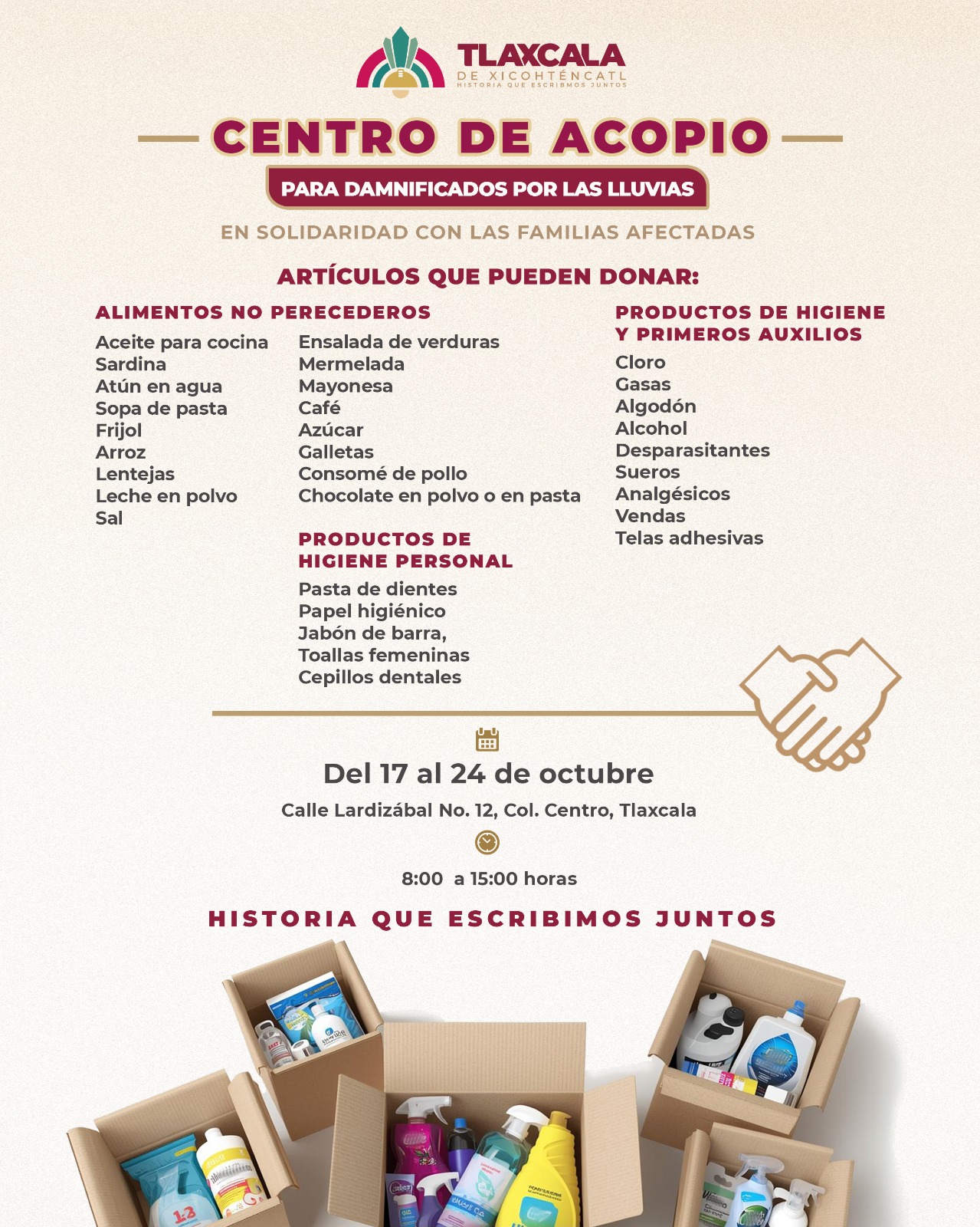 AYUNTAMIENTO DE TLAXCALA INSTALA CENTRO DE ACOPIO EN SOLIDARIDAD CON FAMILIAS AFECTADAS POR LAS LLUVIAS