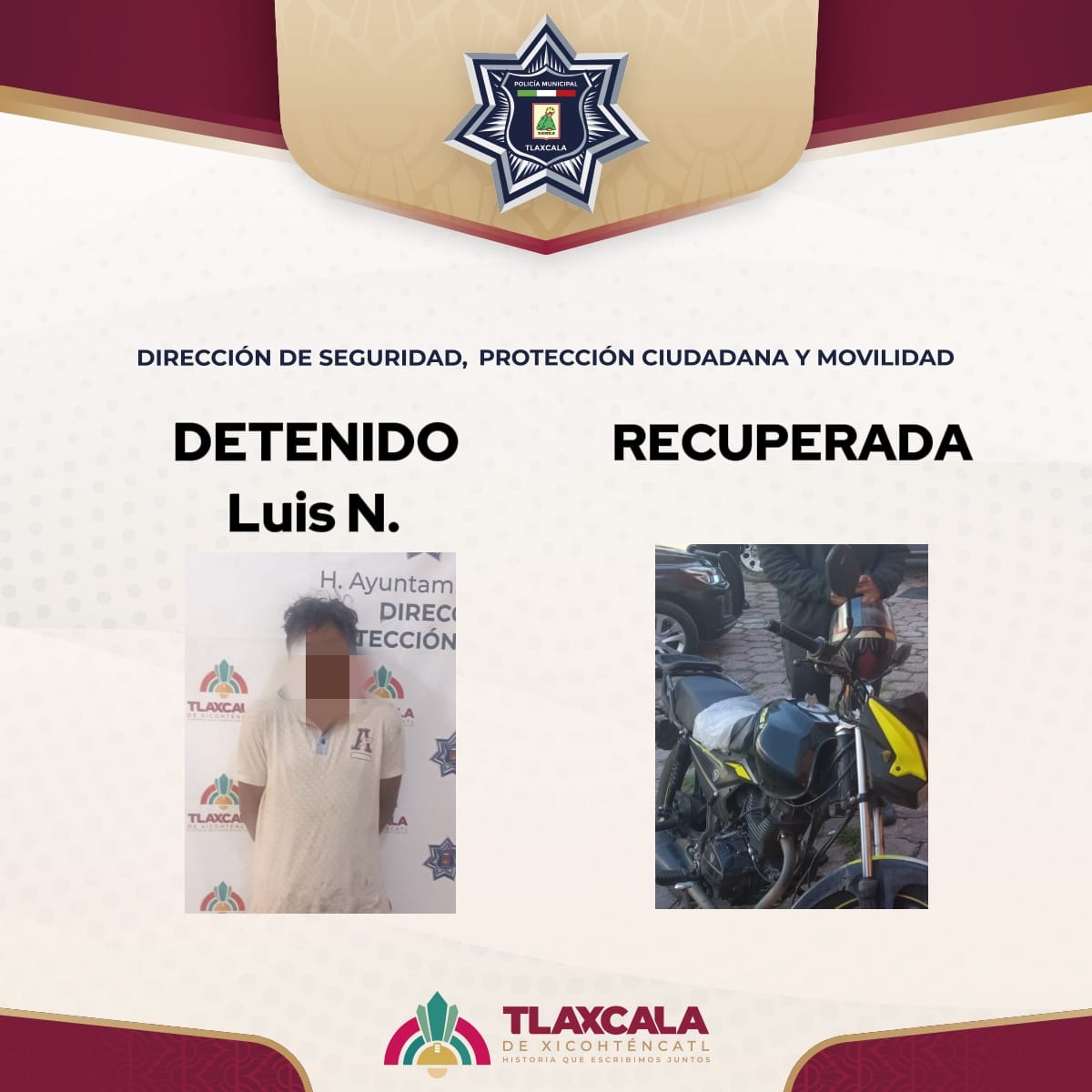 EN REACCIÓN OPORTUNA Y EN COORDINACIÓN CON EL C2 POLICÍA DE LA CAPITAL RECUPERA MOTOCICLETA ROBADA