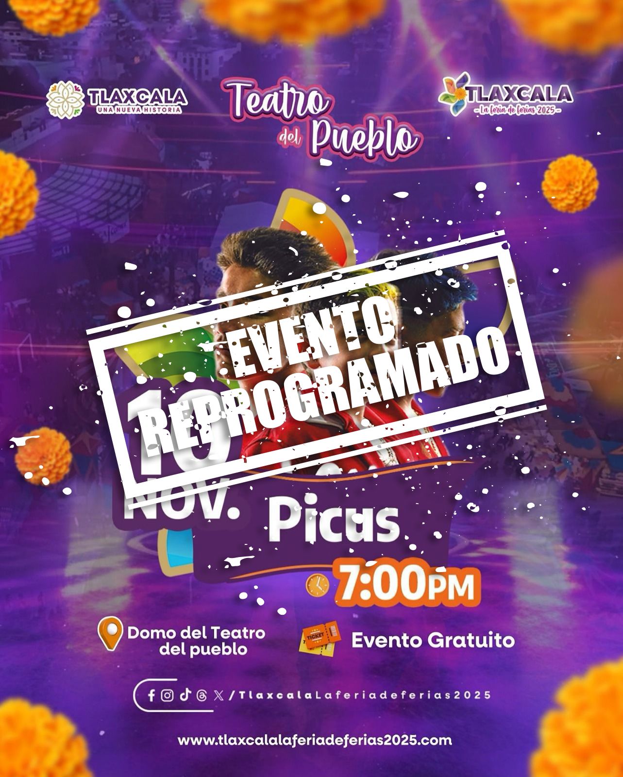 REPROGRAMAN CONCIERTO DE “PICUS” EN “TLAXCALA, LA FERIA DE FERIAS 2025” POR CONDICIONES CLIMÁTICAS