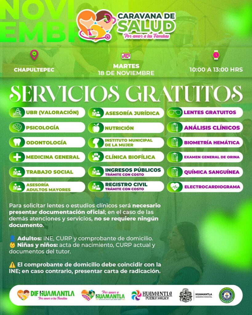 SMDIF HUAMANTLA ACERCARÁ JORNADA DE SALUD Y SERVICIOS ESTE MARTES 18 DE NOVIEMBRE A LA COMUNIDAD DE CHAPULTEPEC