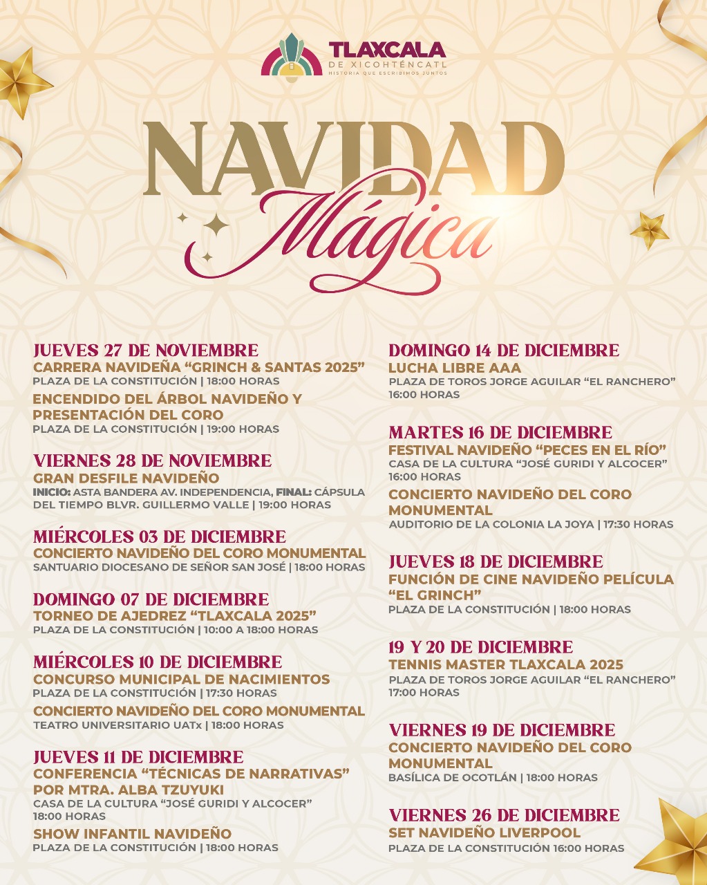 AYUNTAMIENTO DE TLAXCALA INICIA HOY LA “NAVIDAD MÁGICA 2025” CON ENCENDIDO DEL ÁRBOL Y UN AMPLIO PROGRAMA DE ACTIVIDADES