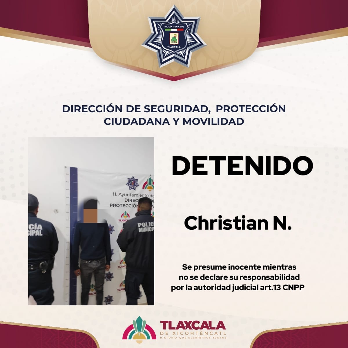 POR ALTERAR EL ORDEN PÚBLICO EN EL CENTRO DE LA CAPITAL POLICÍA MUNICIPAL DE TLAXCALA ASEGURA A INDIVIDUO