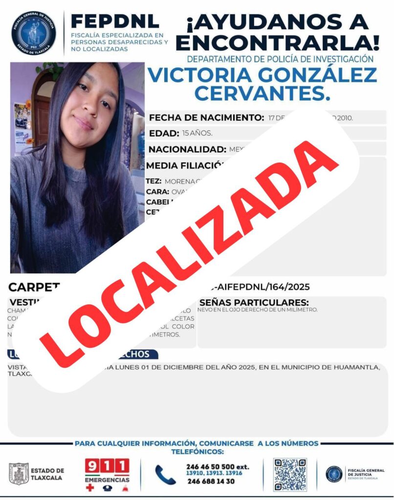 MENOR DE HUAMANTLA REPORTADA COMO EXTRAVIADA ES LOCALIZADA SANA Y SALVA EN PUEBLA