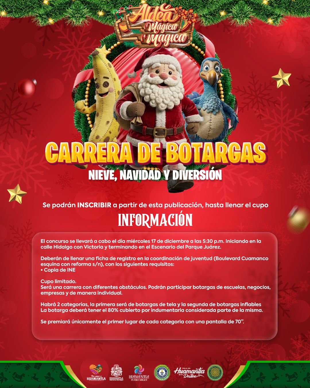 INVITAN A PARTICIPAR EN LA CARRERA DE BOTARGAS “NIEVE, NAVIDAD Y DIVERSIÓN” EN HUAMANTLA