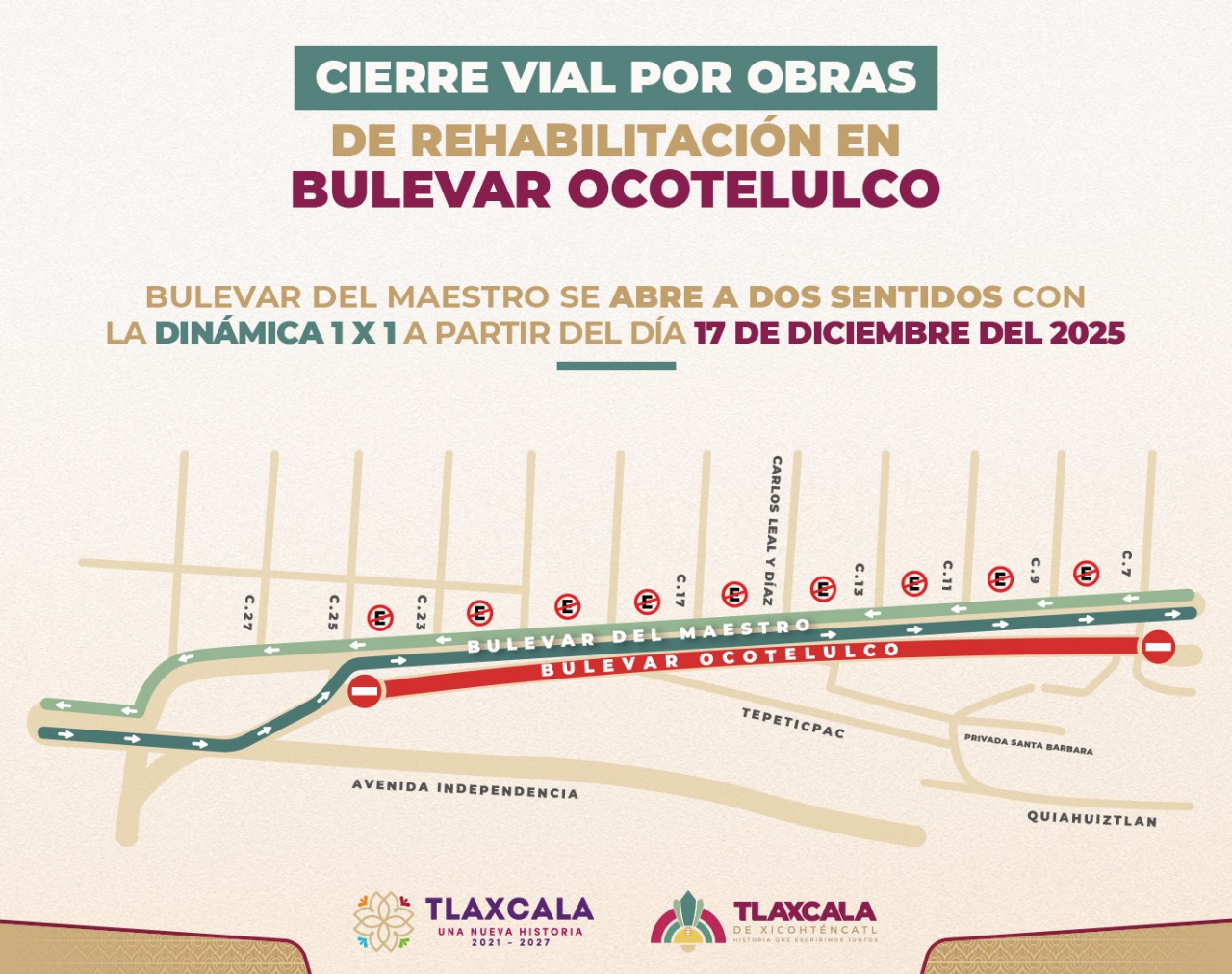 HABRÁ CIERRE TOTAL DEL BULEVAR OCOTELULCO EN LA CAPITAL A PARTIR DEL 17 DE DICIEMBRE POR OBRAS DE REENCARPETAMIENTO