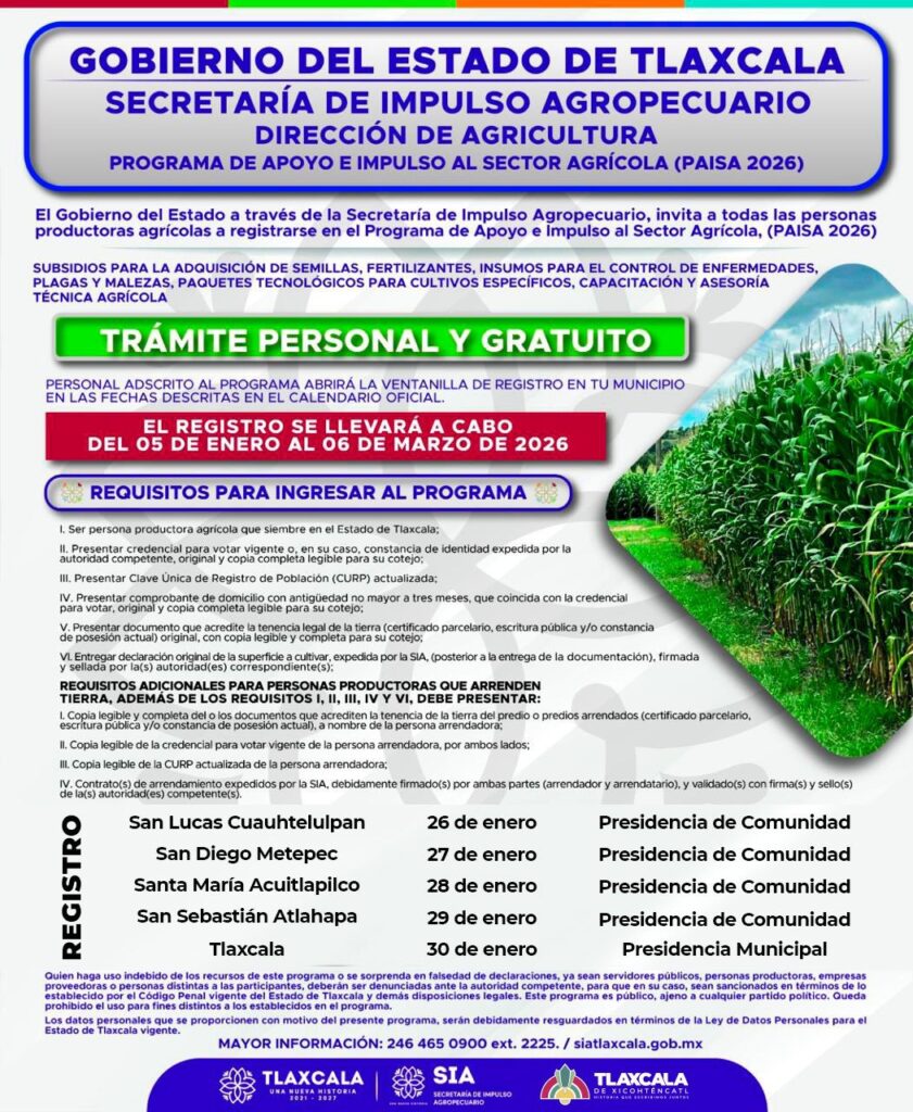 ÚLTIMO LLAMADO: PRODUCTORES TLAXCALTECAS TIENEN HASTA ESTE VIERNES PARA INSCRIBIRSE AL PAISA 2026