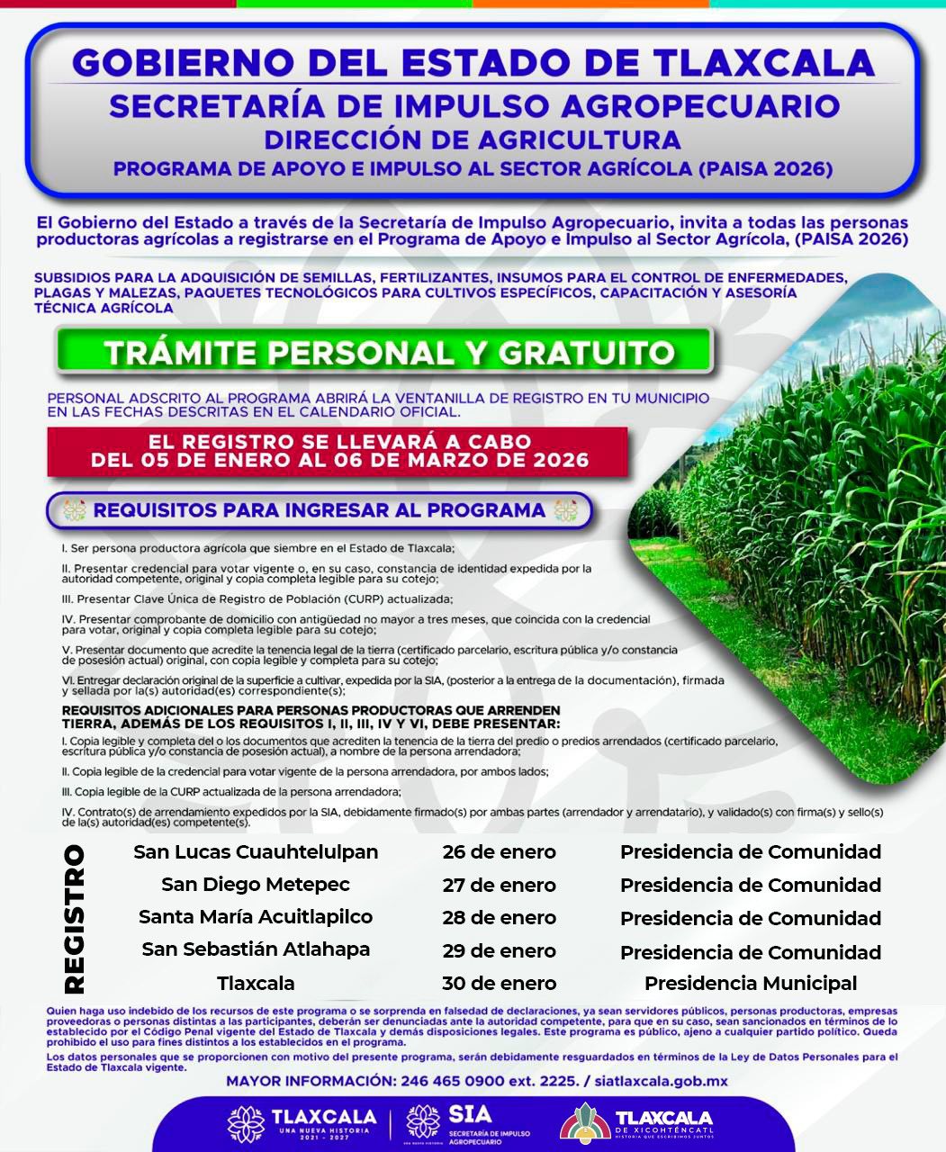 ÚLTIMO LLAMADO: PRODUCTORES TLAXCALTECAS TIENEN HASTA ESTE VIERNES PARA INSCRIBIRSE AL PAISA 2026