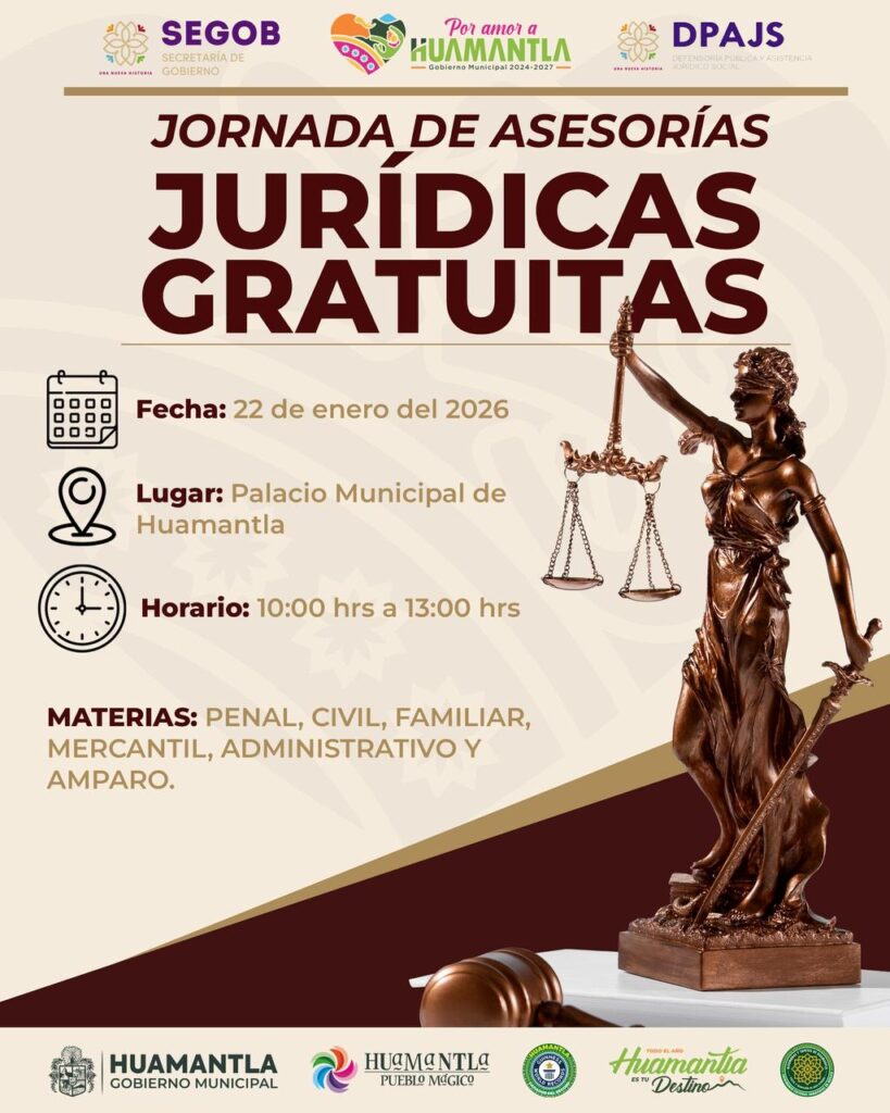 SEGOB Tlaxcala y Ayuntamiento de Huamantla invitan a jornada de asesorías jurídicas gratuitas