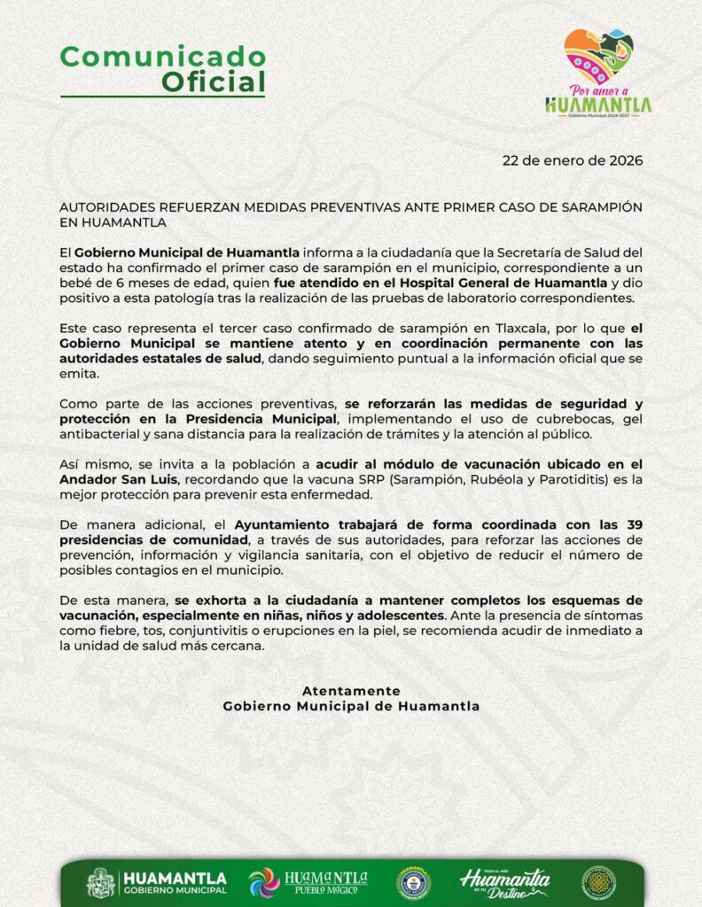AUTORIDADES REFUERZAN MEDIDAS PREVENTIVAS ANTE PRIMER CASO DE SARAMPIÓN EN HUAMANTLA