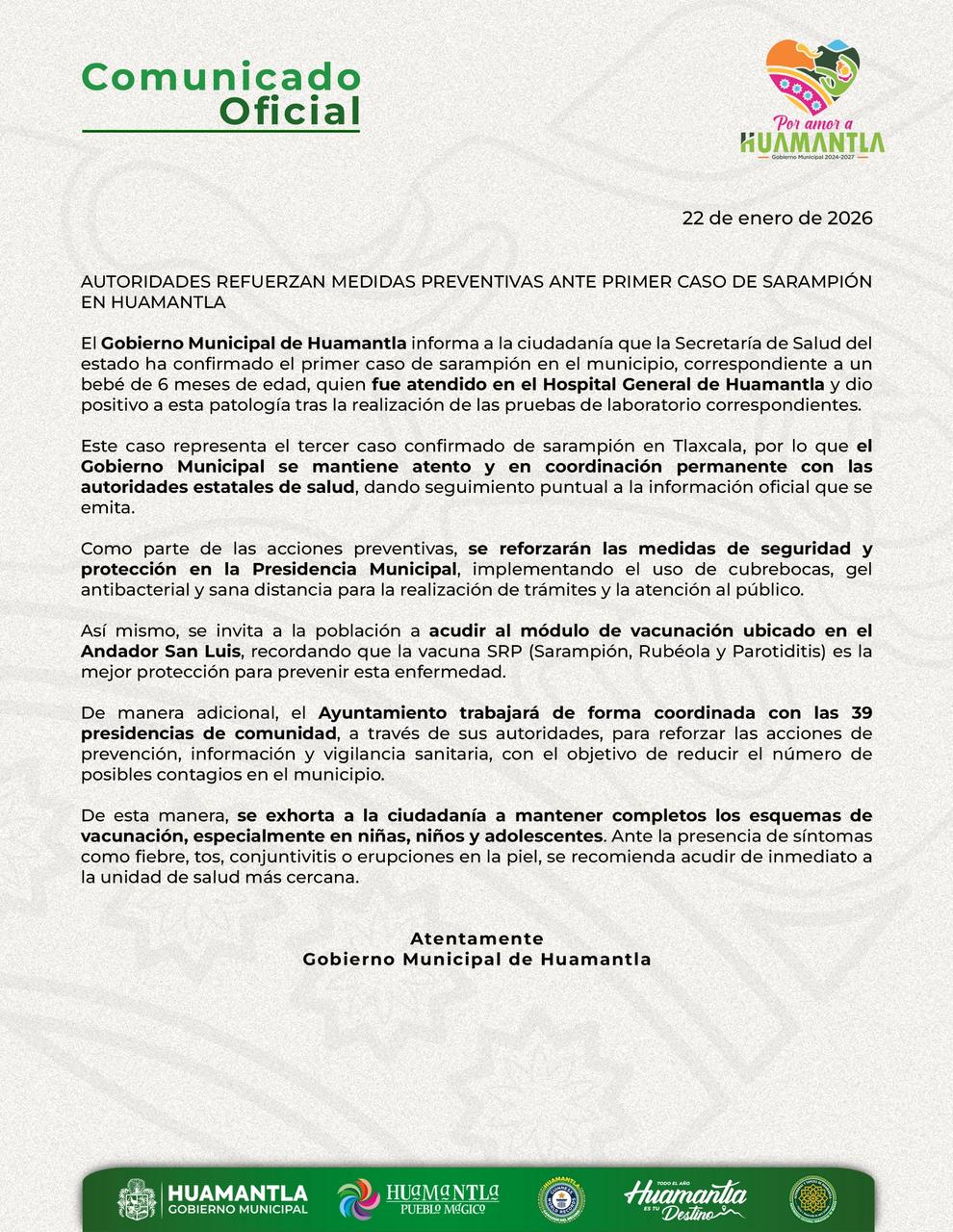 AUTORIDADES REFUERZAN MEDIDAS PREVENTIVAS ANTE PRIMER CASO DE SARAMPIÓN EN HUAMANTLA