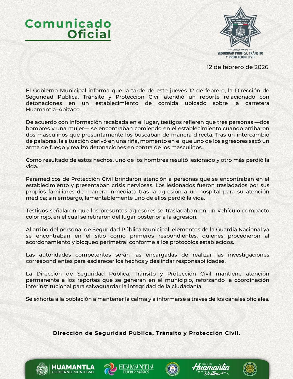 COMUNICADO OFICIAL; ATAQUE DIRECTO EN RESTAURANTE DE LA HUAMANTLA–APIZACO DESATA TRAGEDIA: UN FALLECIDO Y UN LESIONADO