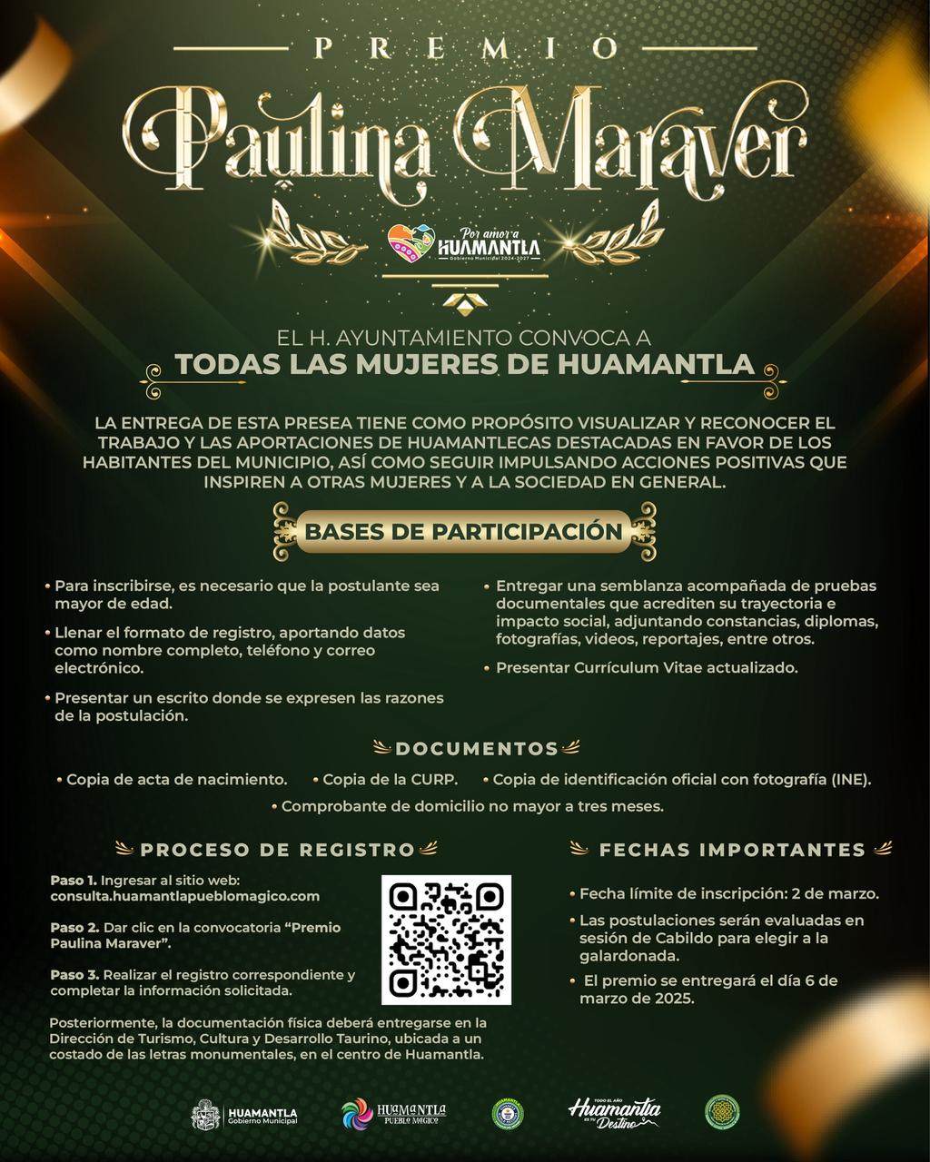 GOBIERNO MUNICIPAL ABRE CONVOCATORIA AL PREMIO “PAULINA MARAVER 2026” PARA RECONOCER A MUJERES HUAMANTLECAS