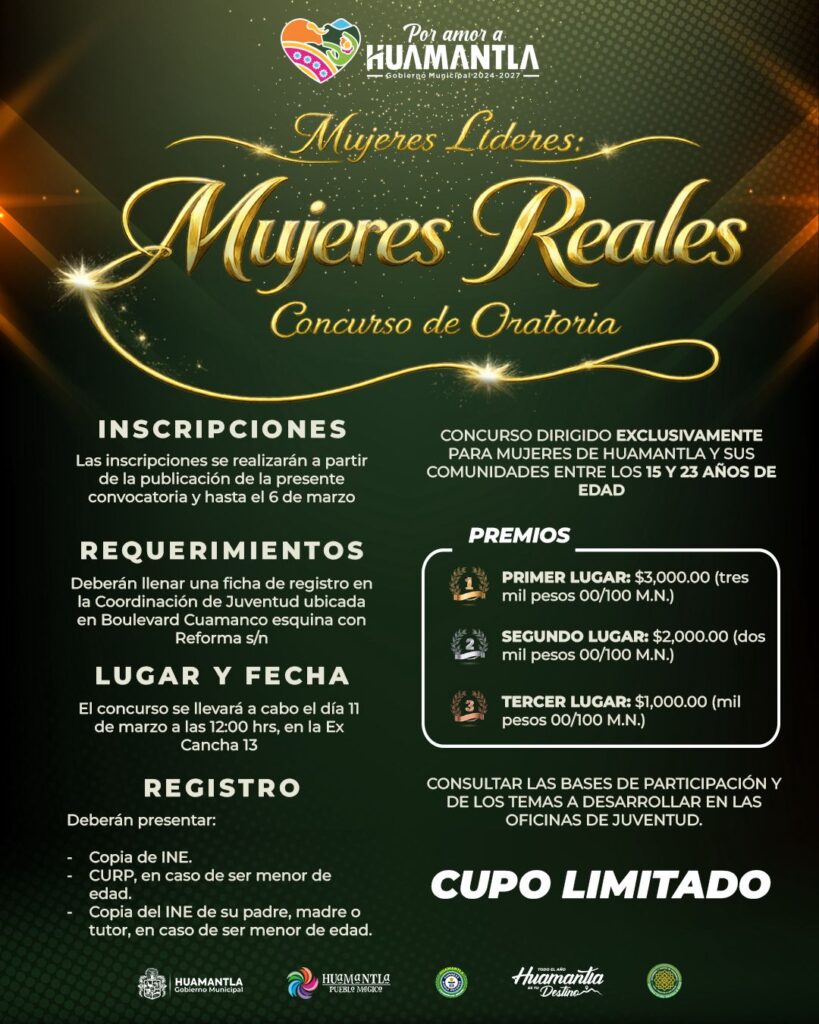 HUAMANTLA CONVOCA AL CONCURSO DE ORATORIA “MUJERES LÍDERES: MUJERES REALES”