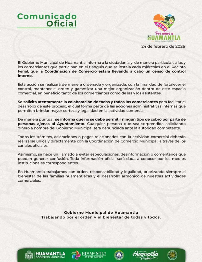 REALIZARÁ GOBIERNO MUNICIPAL DE HUAMANTLA CENSO INTERNO EN TIANGUIS DE LOS MIÉRCOLES PARA FORTALECER EL ORDEN Y LA LEGALIDAD