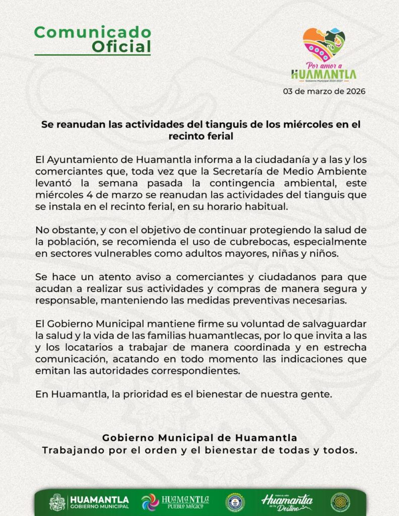 COMUNICADO OFICIAL – SE REANUDAN LAS ACTIVIDADES DEL TIANGUIS DE LOS MIÉRCOLES EN EL RECINTO FERIAL