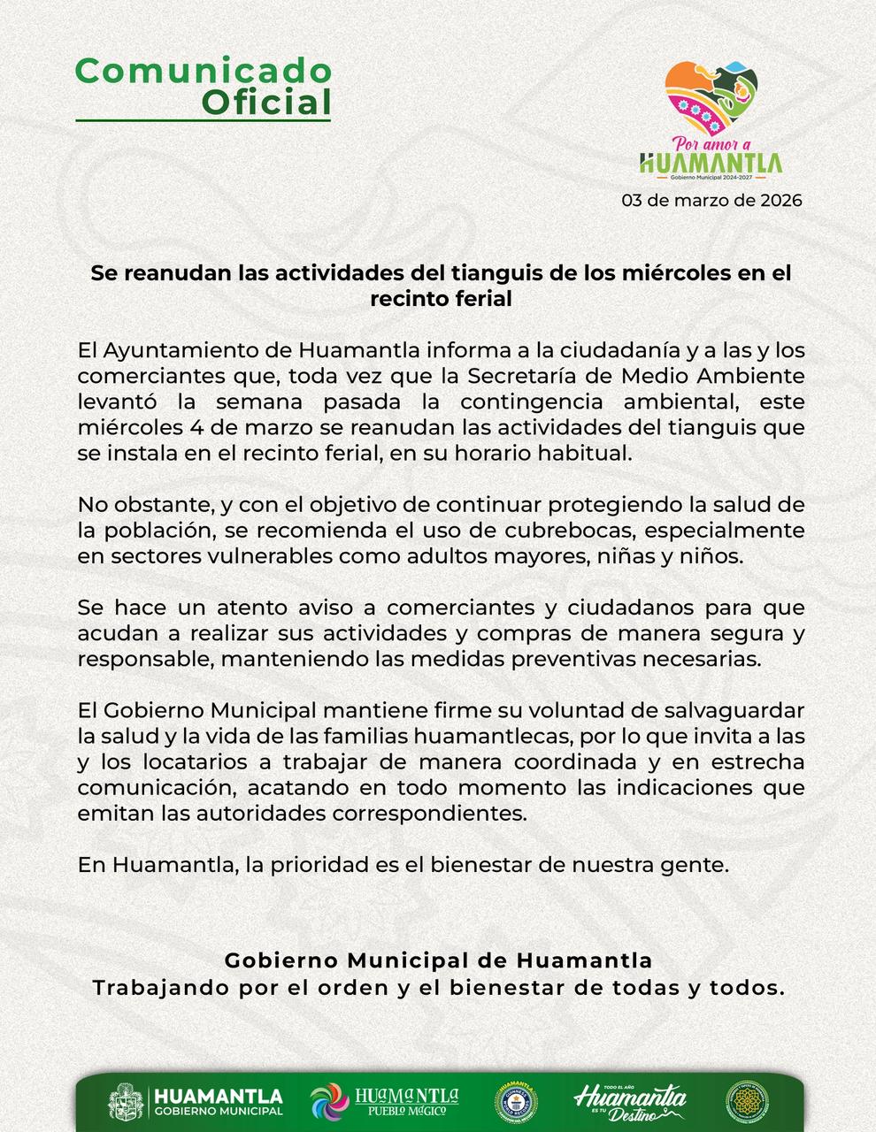 COMUNICADO OFICIAL – SE REANUDAN LAS ACTIVIDADES DEL TIANGUIS DE LOS MIÉRCOLES EN EL RECINTO FERIAL