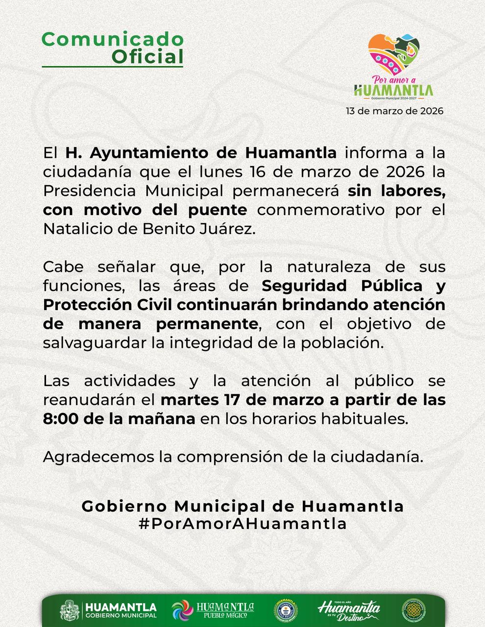 AYUNTAMIENTO DE HUAMANTLA SUSPENDERÁ LABORES EL 16 DE MARZO POR PUENTE DEL NATALICIO DE BENITO JUÁREZ – COMUNICADO