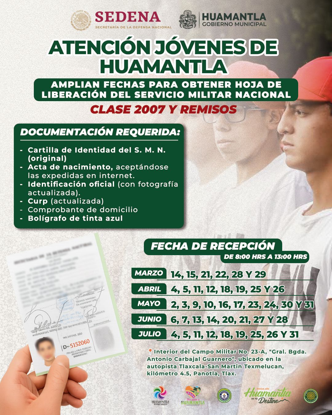 AMPLIAN FECHAS PARA OBTENER HOJA DE LIBERACIÓN DEL SERVICIO MILITAR NACIONAL PARA LA CLASE 2007 Y REMISOS