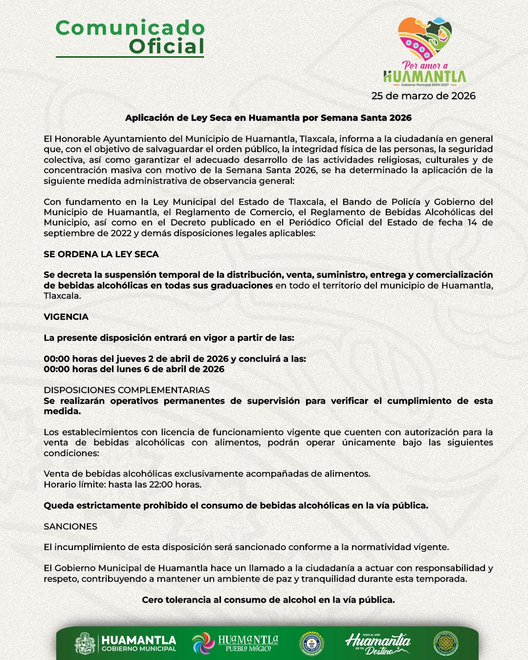 COMUNICADO OFICIAL – APLICACIÓN DE LEY SECA EN HUAMANTLA POR SEMANA SANTA 2026