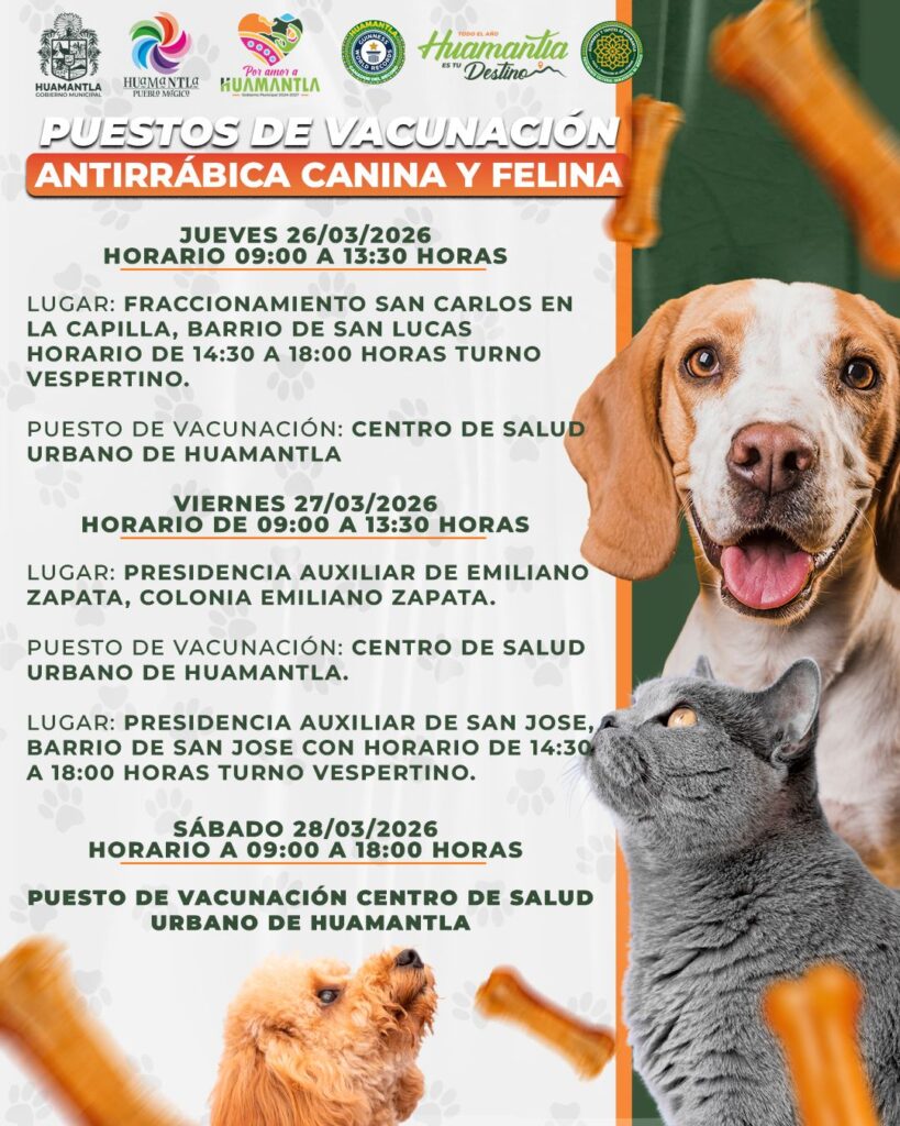 TENDRÁ HUAMANTLA JORNADA DE VACUNACIÓN ANTIRRÁBICA CANINA Y FELINA