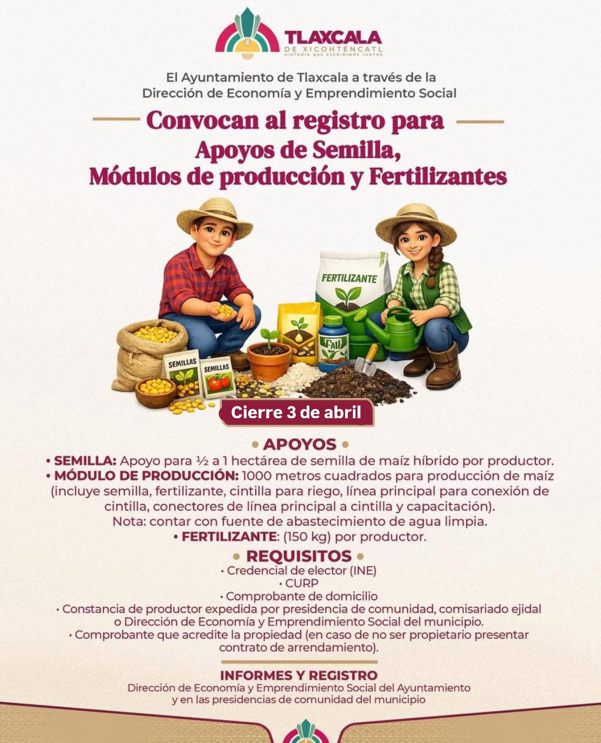 AYUNTAMIENTO DE TLAXCALA MANTENDRÁ ABIERTA LA CONVOCATORIA PARA LA ENTREGA DE APOYOS AGRÍCOLAS HASTA EL 3 DE ABRIL