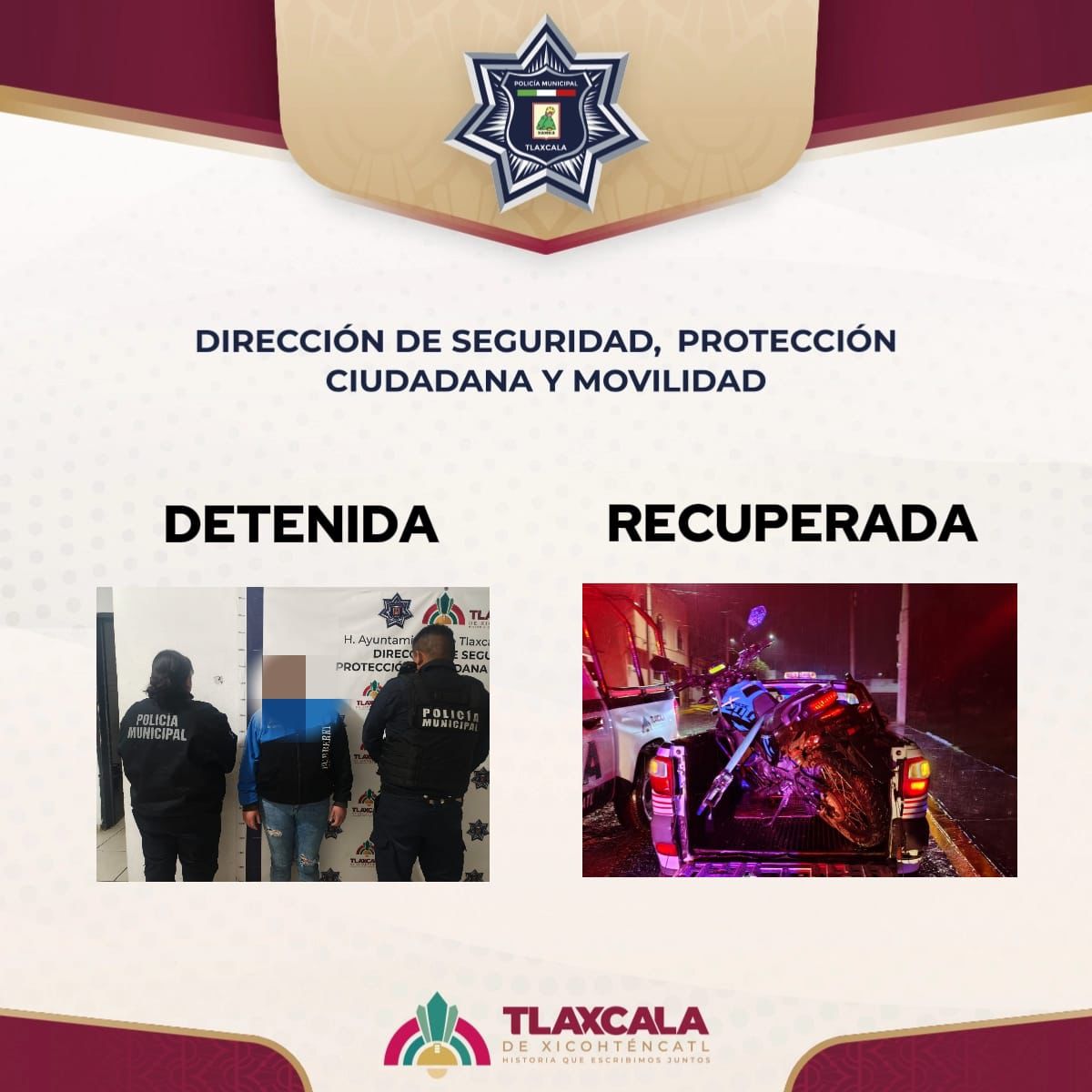 RECUPERA POLICÍA MUNICIPAL DE TLAXCALA MOTOCICLETA CON REPORTE DE ROBO Y DETIENE A UNA MUJER EN EL SABINAL