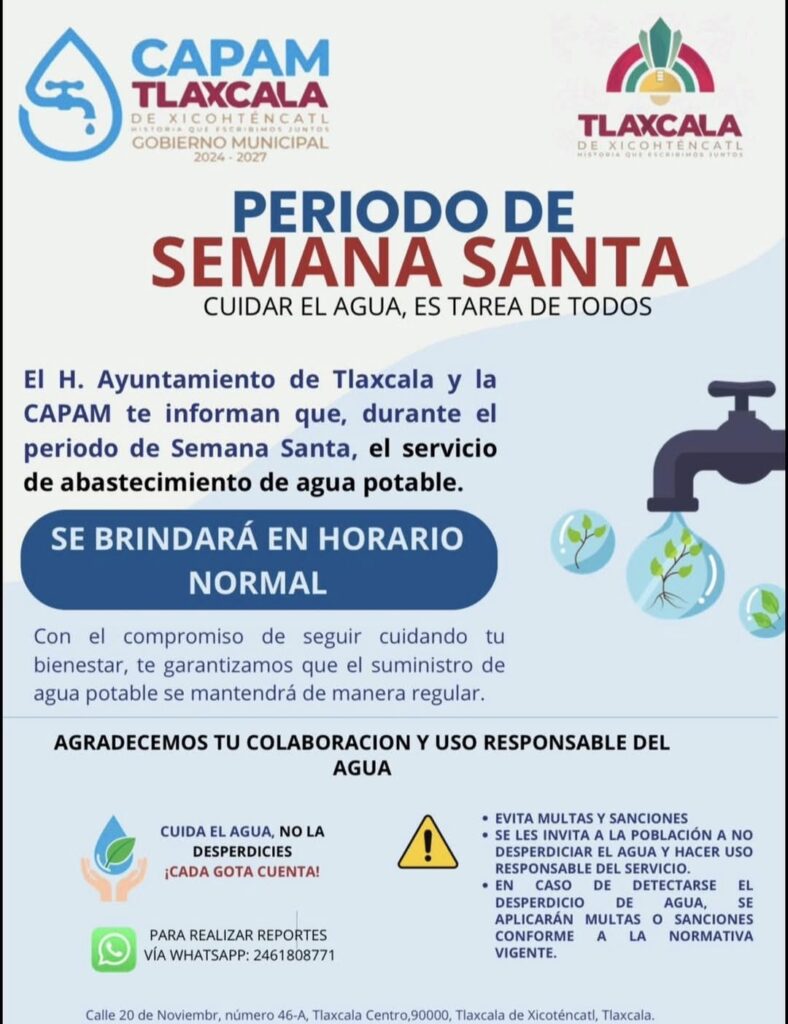 REFUERZA AYUNTAMIENTO DE TLAXCALA LLAMADO AL CUIDADO DEL AGUA EN SEMANA SANTA