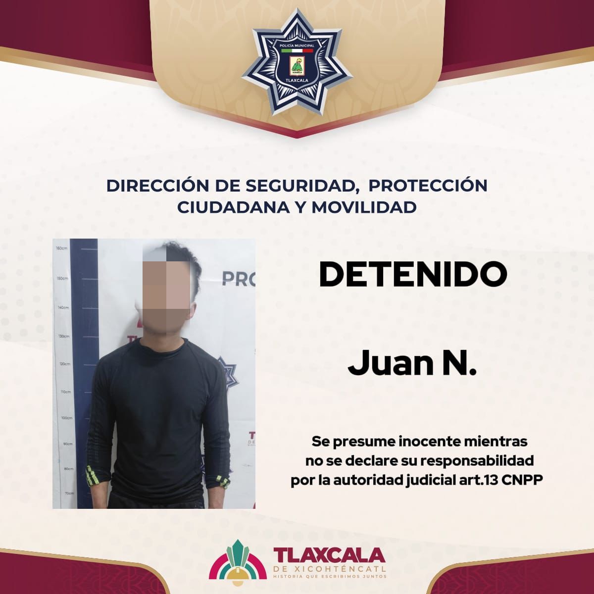 POLICÍA MUNICIPAL DE TLAXCALA DETIENE A MASCULINO POR ALTERACIÓN DEL ORDEN PÚBLICO Y CON ORDEN DE APREHENSIÓN