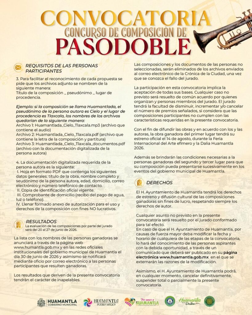 HUAMANTLA INVITA A PARTICIPAR EN EL CONCURSO DE COMPOSICIÓN DE PASODOBLE