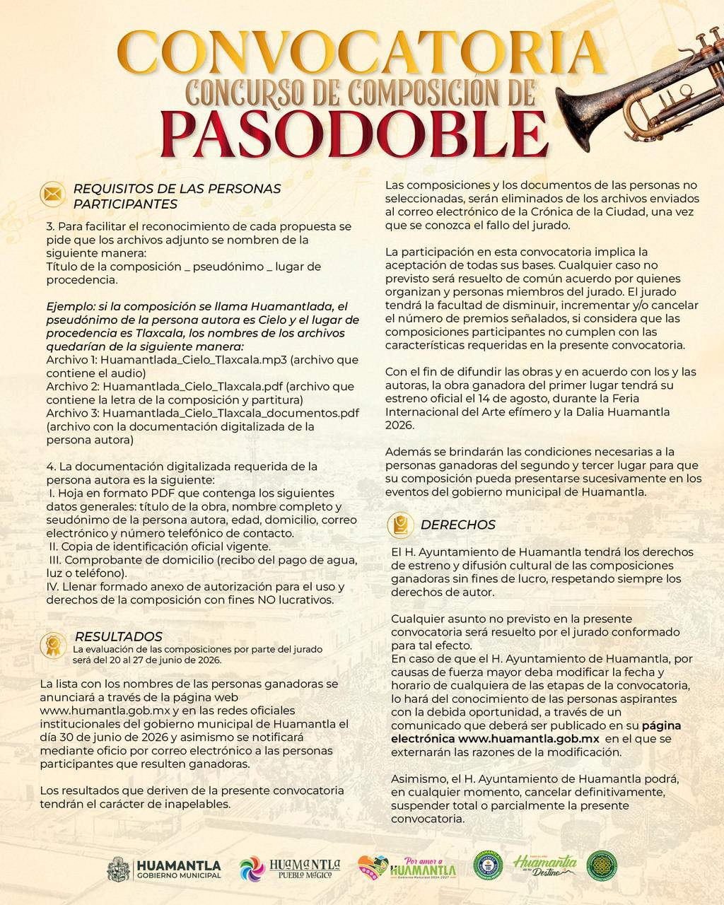 HUAMANTLA INVITA A PARTICIPAR EN EL CONCURSO DE COMPOSICIÓN DE PASODOBLE