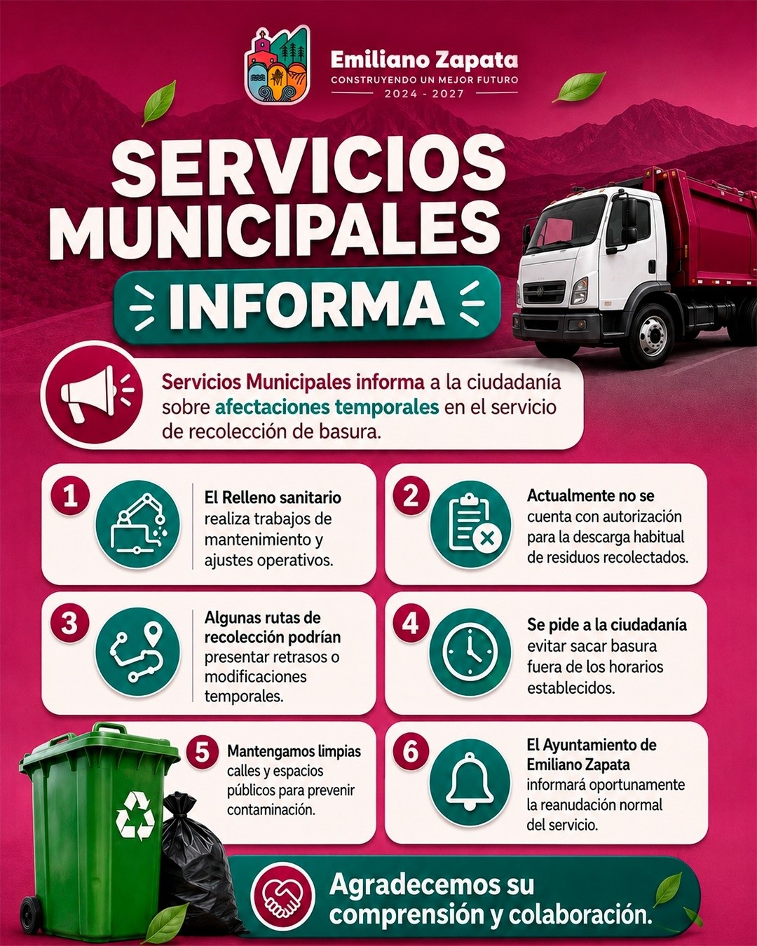 🚛 Servicios Municipales informa que el servicio de recolección de basura presenta afectaciones temporales.