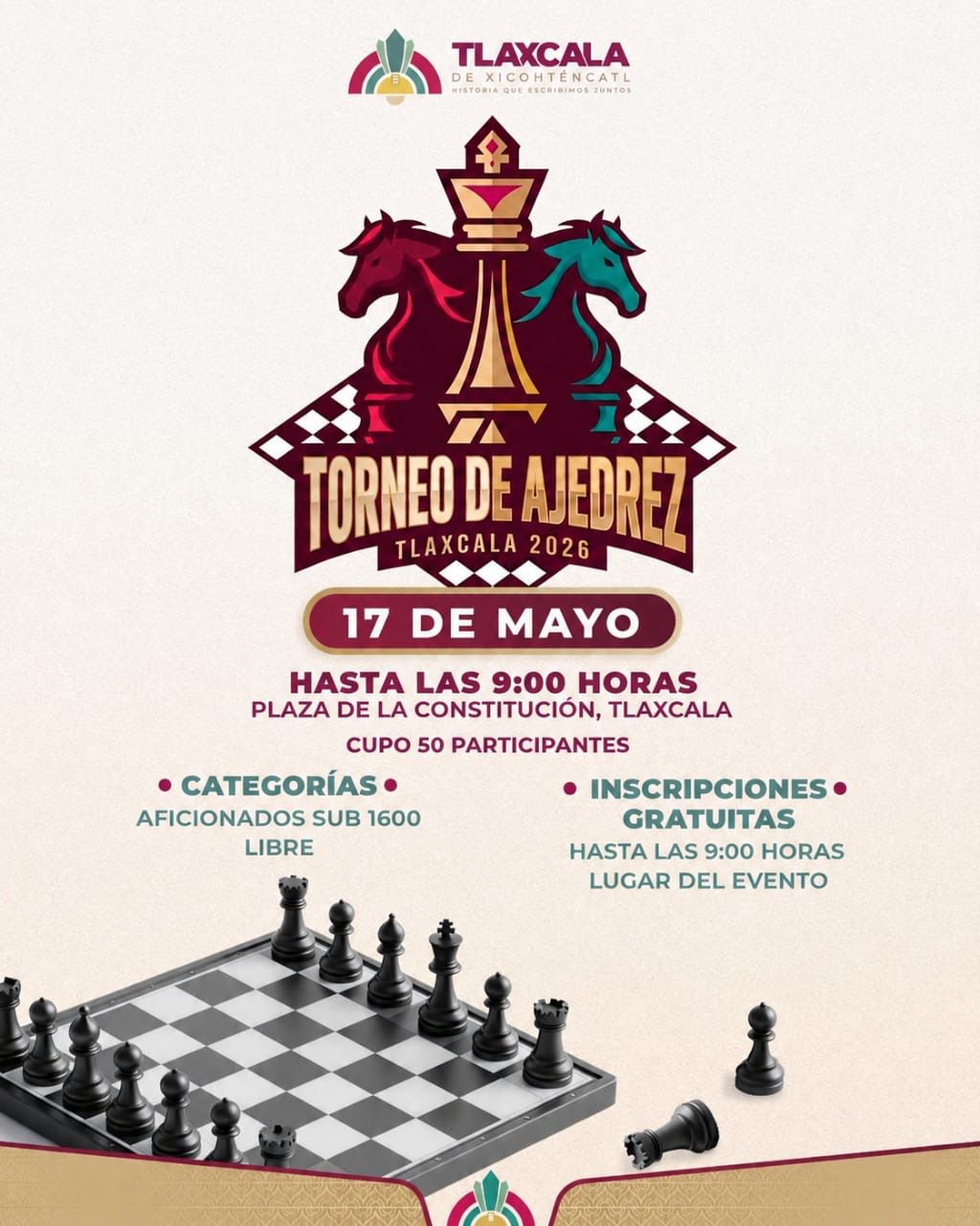 AYUNTAMIENTO DE TLAXCALA CONVOCA AL NOVENO TORNEO RECREATIVO DE AJEDREZ “EN EL CORAZÓN DE TLAXCALA”