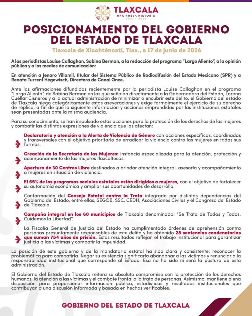 GOBIERNO DE TLAXCALA RECHAZA SEÑALAMIENTOS SOBRE TRATA Y EXIGE DERECHO DE RÉPLICA