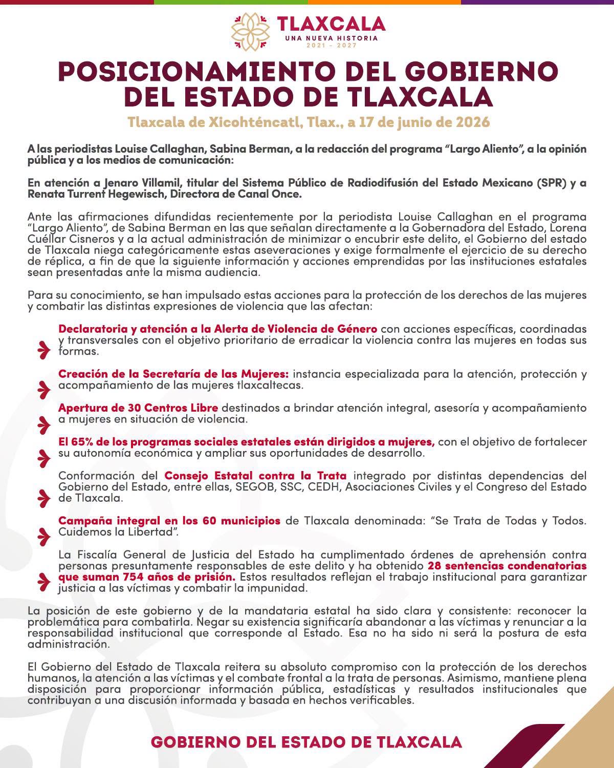 GOBIERNO DE TLAXCALA RECHAZA SEÑALAMIENTOS SOBRE TRATA Y EXIGE DERECHO DE RÉPLICA