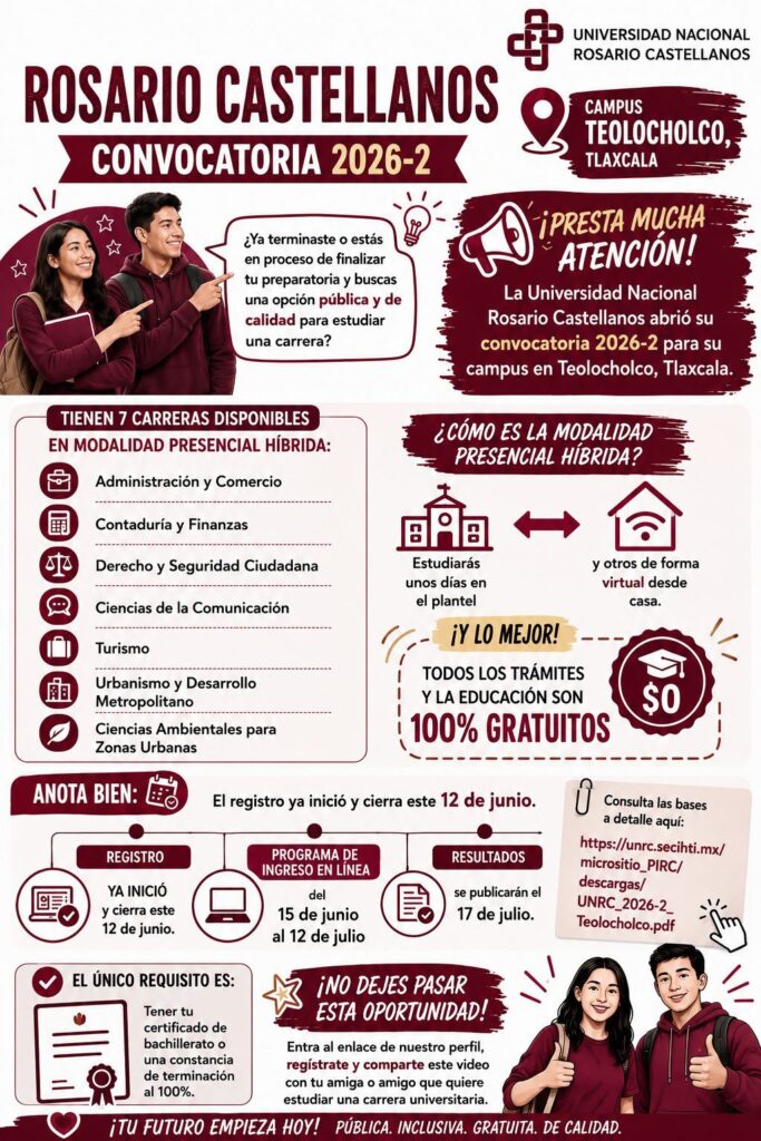 LA UNIVERSIDAD ROSARIO CASTELLANOS LANZA CONVOCATORIA PARA SIETE LICENCIATURAS EN TEOLOCHOLCO