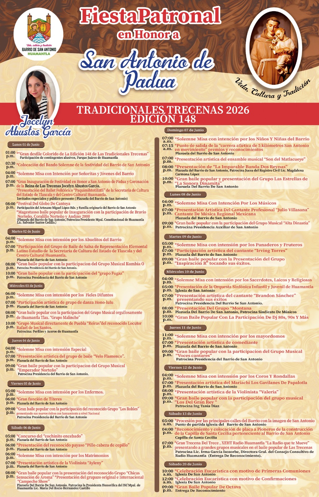 HUAMANTLA CELEBRA CON ORGULLO LA EDICIÓN 148 DE LAS TRADICIONALES TRECENAS DE SAN ANTONIO DE PADUA,