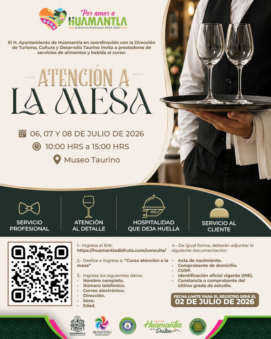 HUAMANTLA MANTIENE ABIERTA LA INVITACIÓN AL CURSO DE ATENCIÓN A LA MESA PARA FORTALECER AL SECTOR GASTRONÓMICO