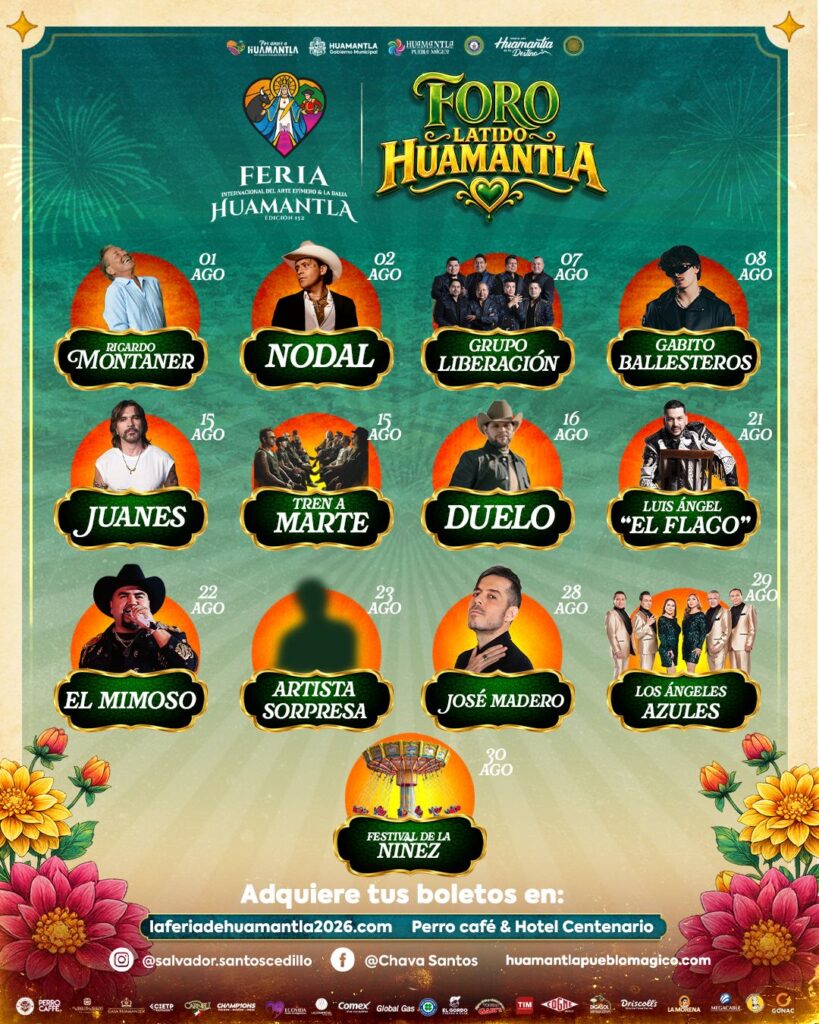 Ya están disponibles los boletos en puntos de venta físicos para los conciertos del Foro Latido Huamantla en la Feria Internacional del Arte Efímero y la Dalia 2026