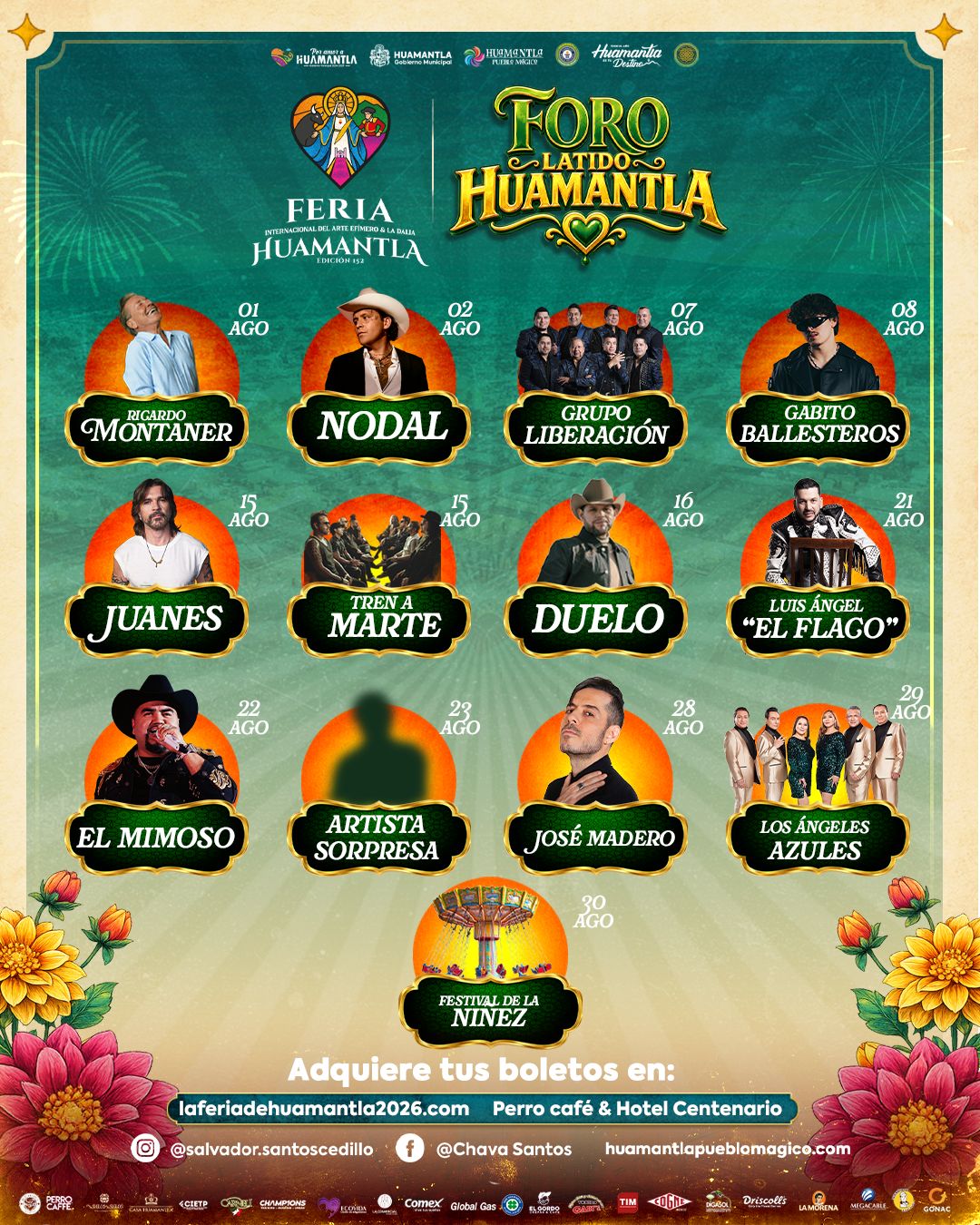 Ya están disponibles los boletos en puntos de venta físicos para los conciertos del Foro Latido Huamantla en la Feria Internacional del Arte Efímero y la Dalia 2026