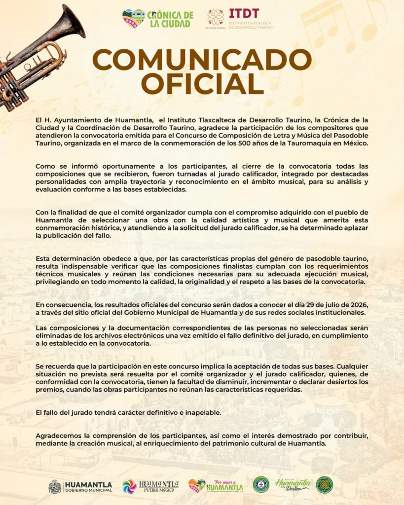 COMUNICADO OFICIAL – CONCURSO DE COMPOSICIÓN DE LETRA Y MÚSICA DE PASODOBLE TAURINO EN CONMEMORACIÓN DE LOS 500 AÑOS DE LA TAUROMAQUIA EN MÉXICO