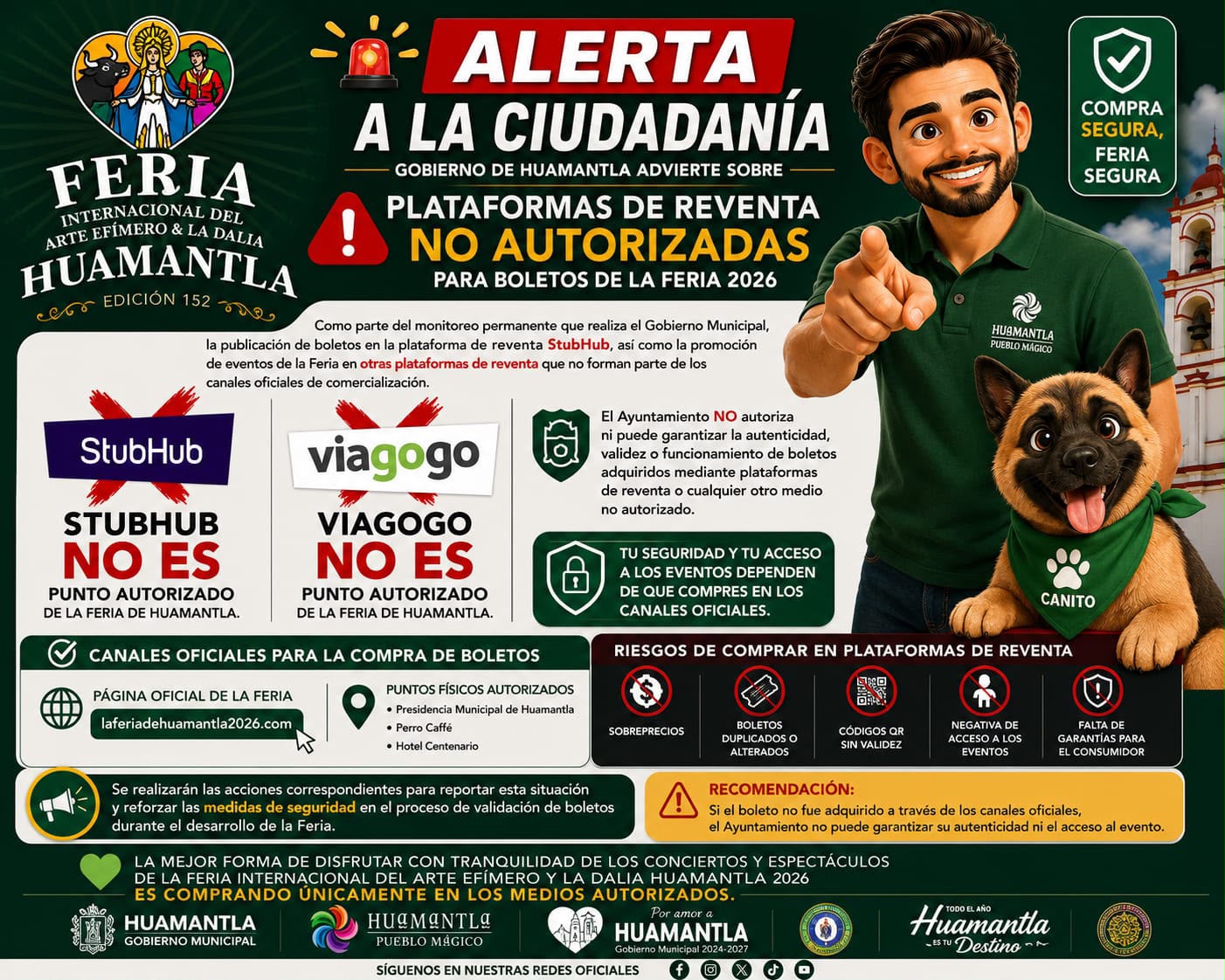 ALERTA A LA CIUDADANÍA: GOBIERNO DE HUAMANTLA ADVIERTE SOBRE PLATAFORMAS DE REVENTA NO AUTORIZADAS PARA BOLETOS DE LA FERIA 2026