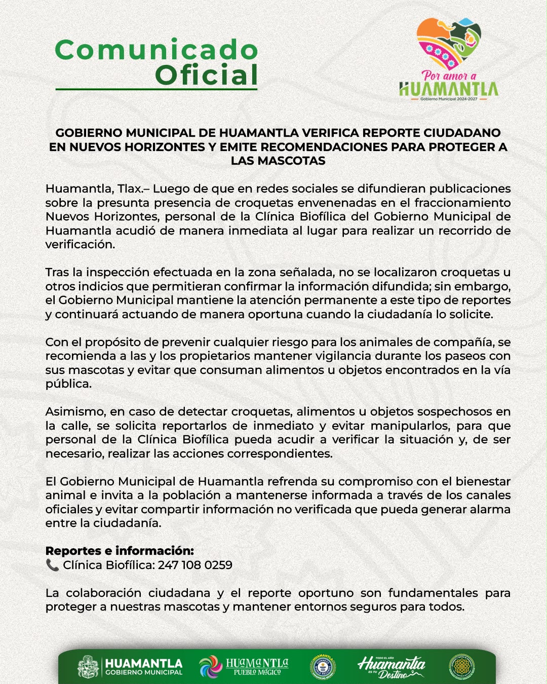 GOBIERNO MUNICIPAL DE HUAMANTLA VERIFICA REPORTE CIUDADANO EN NUEVOS HORIZONTES Y EMITE RECOMENDACIONES PARA PROTEGER A LAS MASCOTAS