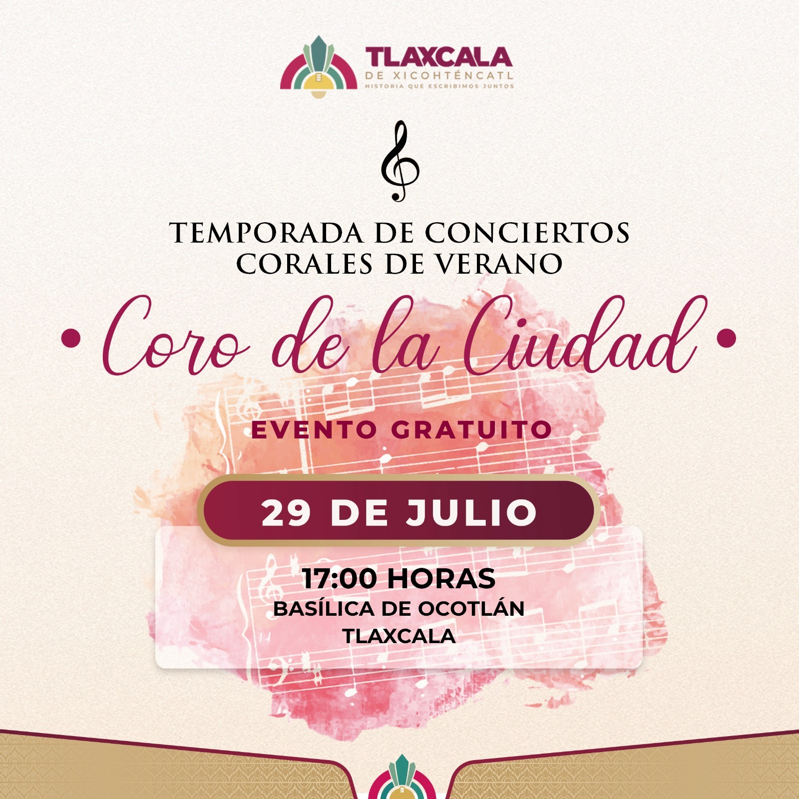 INVITA AYUNTAMIENTO DE TLAXCALA AL PRIMER CONCIERTO DE LA TEMPORADA CORAL DE VERANO EN LA BASÍLICA DE OCOTLÁN
